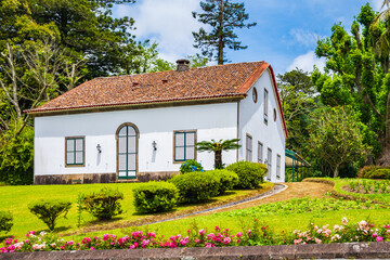 Historic traditional house and garden in Furnas village, famous place to see volcanic lakes and hot springs, Sao Miguel island, Azores, Portugal