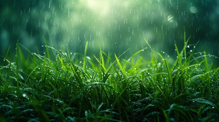 Fototapeta premium A lush green field with raindrops on the grass. Concept of tranquility and calmness, as the rain gently falls on the grass, creating a peaceful atmosphere.