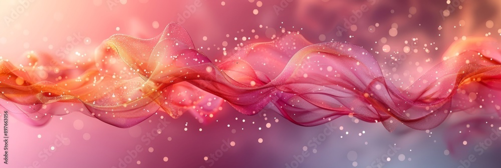 Poster dynamic abstract artwork with pink and orange waves, sparkles, and light bokeh effects creating a vi