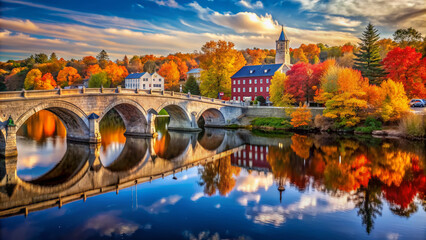 Historic arch bridge spanning tranquil River Merrimack in autumn, with vibrant foliage and picturesque Concord cityscape in the background, New Hampshire, USA.