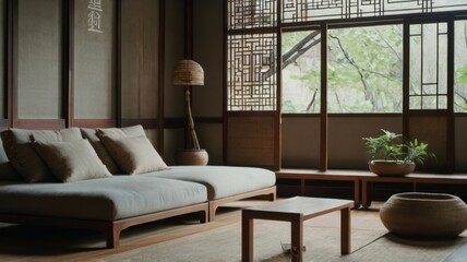 Asian-inspired interior design surface with low furniture, natural materials, and a serene color palette, emphasizing harmony and tranquility
