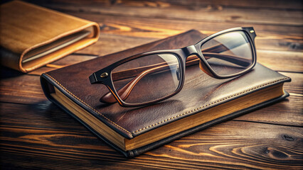 A modern, sleek pair of men's glasses lies on a wooden desk, surrounded by scattered papers and a leather-bound book, conveying intelligence and sophistication.