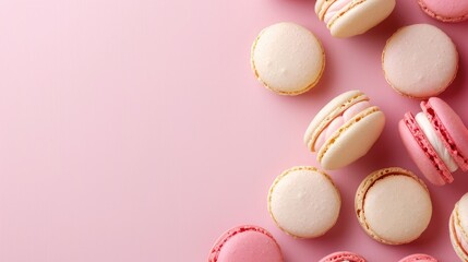 Obraz premium Macarons displayed on a pink surface in a flat lay style with space for text