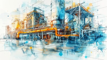 Impressive image of an engineering blueprint with detailed schematics, showcasing the role of precise planning and technology in industrial projects. Watercolor style, high resolution Illustration,