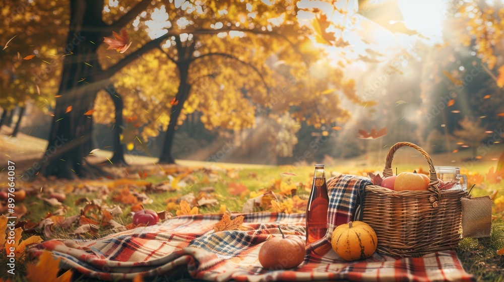 Poster a basket of food and drinks sits on a red and white checkered blanket in a forest filled with golden