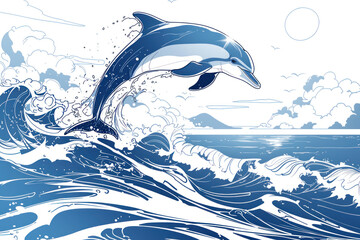Obraz premium Stylized Dolphin Leaping Over Ocean Waves
