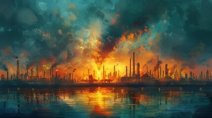 Captivating image of a refinery flare burning brightly, emphasizing the intense energy and technological processes involved in petroleum refining. Watercolor style, high resolution Illustration, in