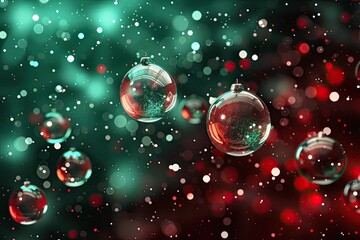 Red and green abstract background with floating, glowing snow globes