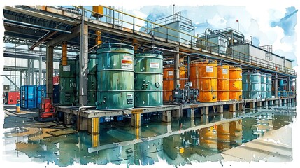 Dynamic image of hazardous materials in a containment area, highlighting the critical importance of safety and technology in industrial operations. Watercolor style, high resolution Illustration, in