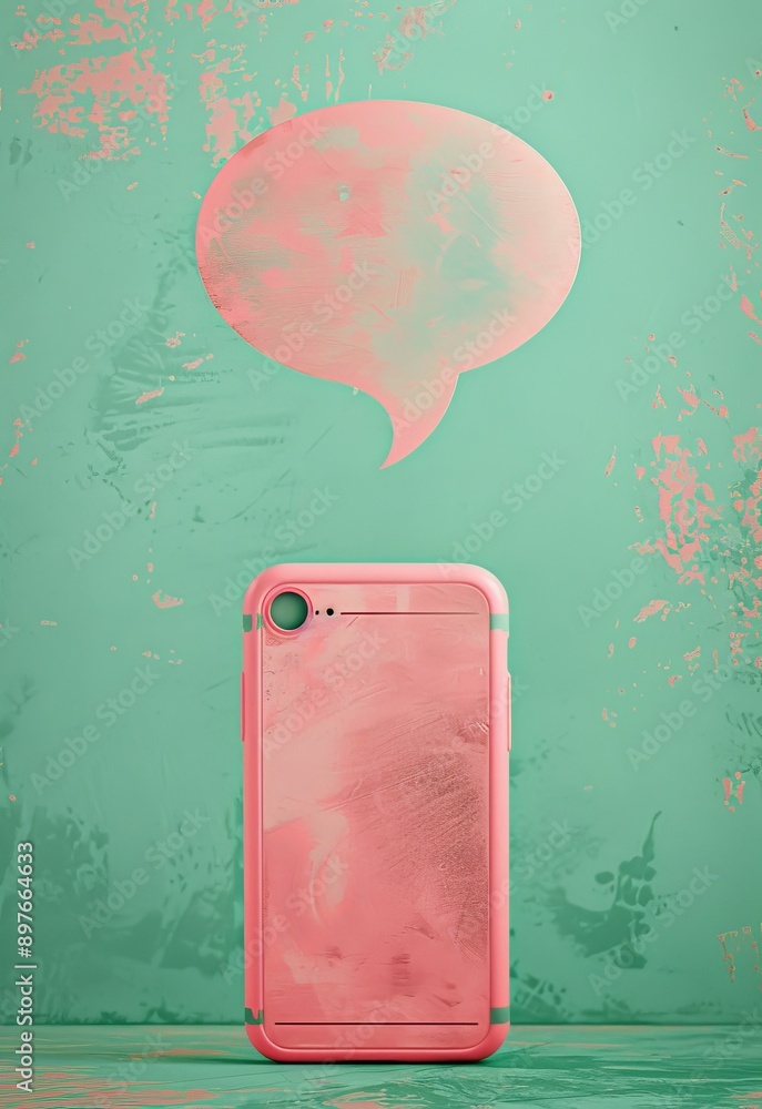 Poster pink phone with empty speech bubble on green background suggesting communication and conversation