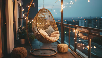 rooftop patio area with hanging swing chair and string lights at night