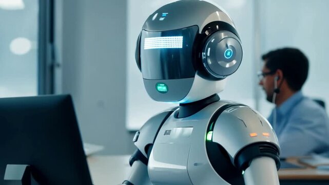 Robot as customer service wearing a headset calling with customer. Side-view portrait futuristic white robot with artificial intelligence working in crowded office typing on keyboard using computer. 