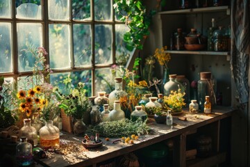 Vintage herbal apothecary table with plants, jars, and tinctures in natural light