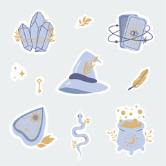Sticker pack of witchcraft elements. Witchy magic equipment, potions, snake, hat, tarot cards, crystal, ouija board. Occult and esoteric symbols. Hand drawn vector illustration