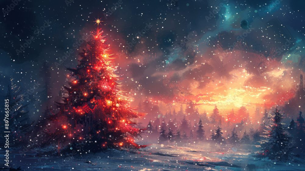 Fototapete create a drwaing of a christmas tree with presend, generative ai