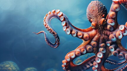 World Octopus Day. Horizontal banner. Cute Octopus on a blue background. World ocean day. Template for postcard, poster, menu, web. Free space for text. Fauna with marine animals. Undersea world