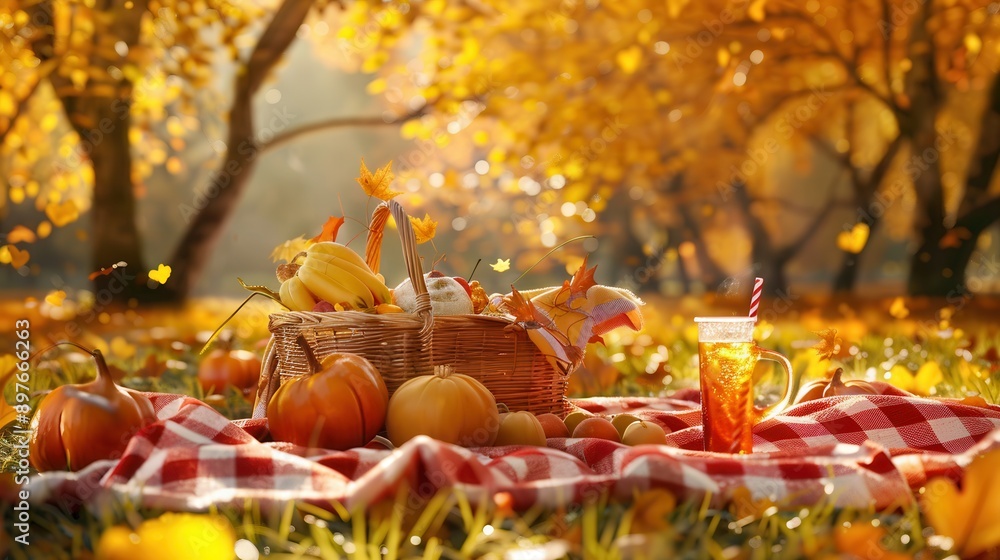 Leinwandbilder a cozy picnic spread out on a red and white checkered blanket in a park, with a wicker basket overfl