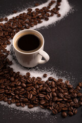 black, rustic, roasted, sugar, coffee cup, close-up, view, energy, photography, grain, bean, drink, brown, breakfast, espresso, cafe, caffeine, cup, space, vintage