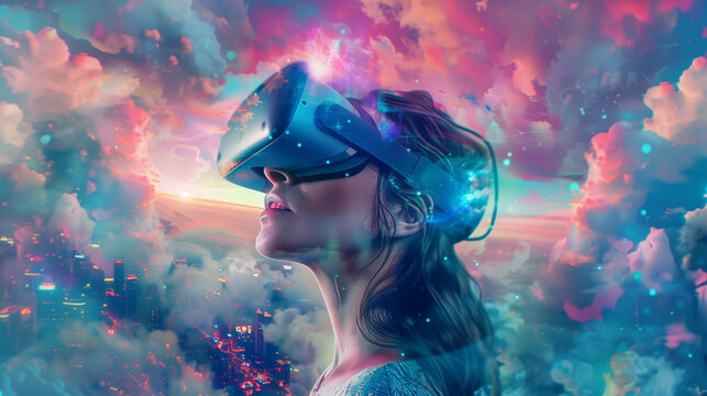 Kid Wearing VR Headset Looking Up at Colorful Clouds: Whimsical Illustration Featuring a Young Explorer Immersed in a Dreamlike Virtual Reality Experience Among Vibrant Cloudscape - Powered by Adobe