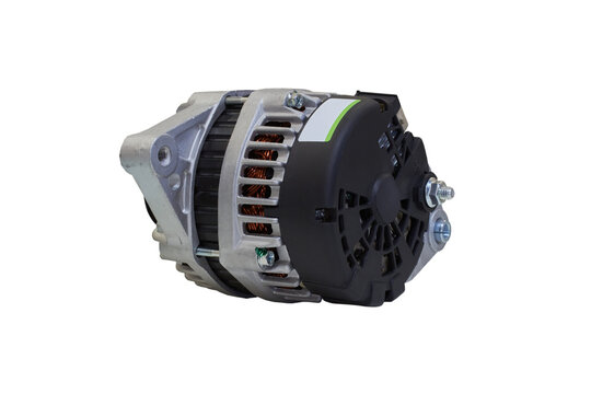 car alternator with plastic cover, new generator for a car with a ventilation foil cover in the back on a white background