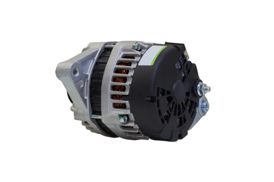 car alternator with plastic cover, new generator for a car with a ventilation foil cover in the back on a white background