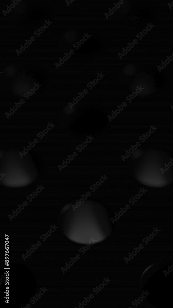 Poster white glowing spheres jump from one hole to another. dark reflective surface with holes and bouncing