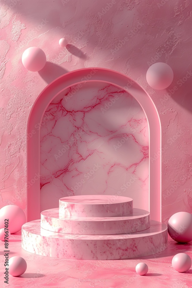 Poster modern pink podium with marble texture in abstract background with floating spheres