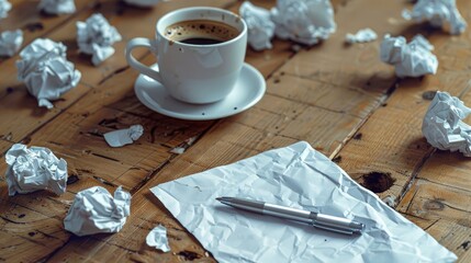 Crumpled paper pen and coffee cup on wooden surface