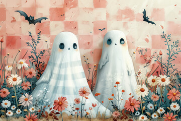 A retro pastel checkered background, whimsical daisies. Cute retro ghosts are spaced evenly throughout. Little black bats fly around the ghosts.generative ai