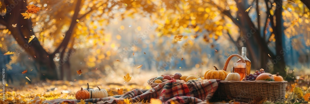 Poster A basket full of food and drinks sits on a blanket in a forest setting, surrounded by fallen leaves. Golden trees create a backdrop for the picnic scene. Generative AI