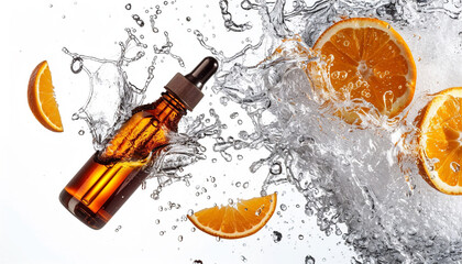 Natural vitamin c serum, skincare, essential oil products. Bottle of vitamin C serum with fresh juicy orange fruit. Beauty product branding mock-up. 
