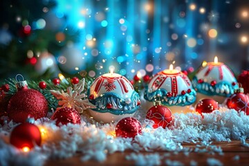 Festive Christmas background bright design in blue red colors with colorful bokeh lights many different festive decorative objects decoration. Merry Christmas and Happy New Year holiday poster