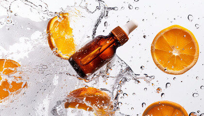 Natural vitamin c serum, skincare, essential oil products. Bottle of vitamin C serum with fresh juicy orange fruit. Beauty product branding mock-up. 