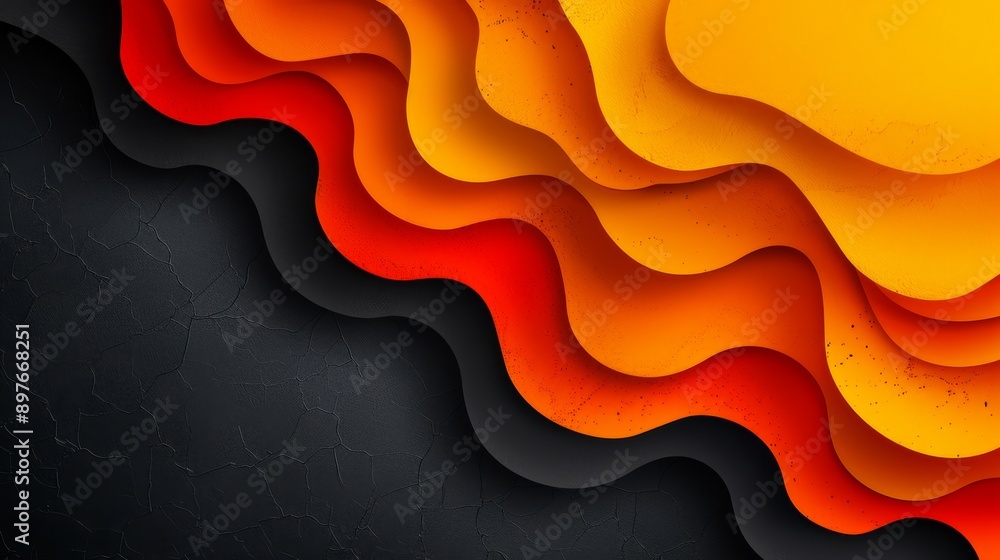 Poster abstract layered paper design with vibrant red, orange, and black waves creating a dynamic 3d effect