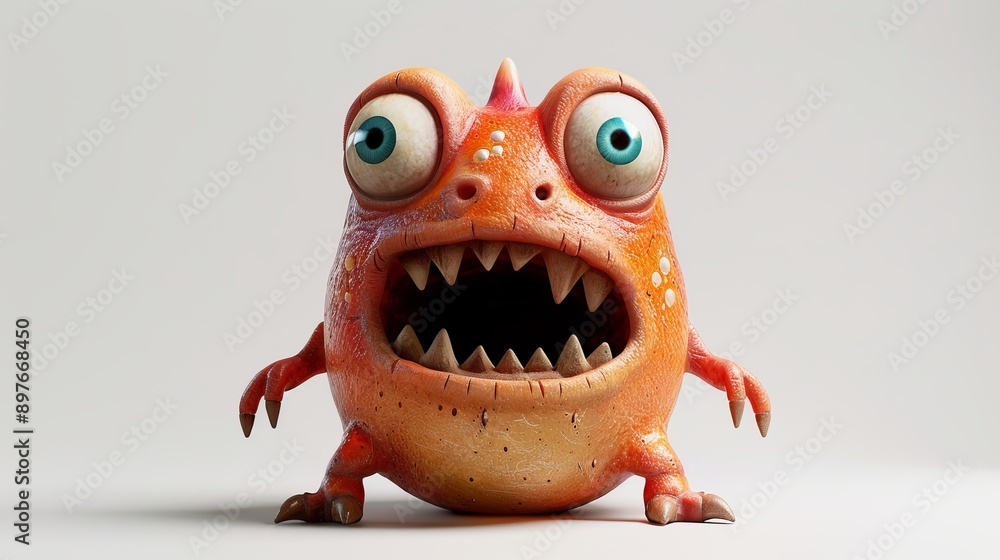 Wall mural Expressive and emotional Cute 3D cartoon monster. This character may be related to animation, children's media, or character design