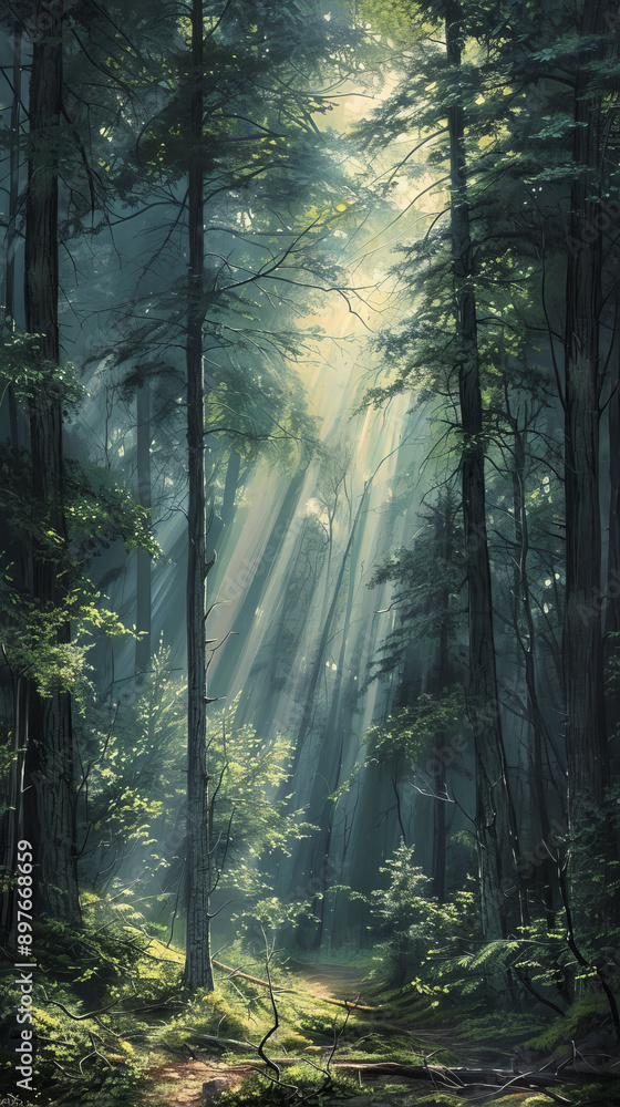 Poster sunbeams filtering through lush forest trees with