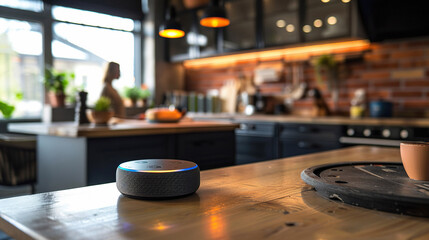 Fototapeta premium A smart speaker in a cozy living room in the background