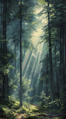 Obraz premium Sunbeams filtering through lush forest trees with