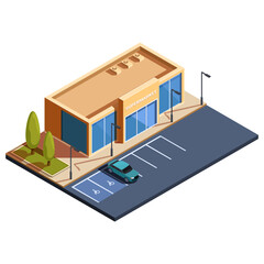 isometric supermarket building with parking, vector illustration