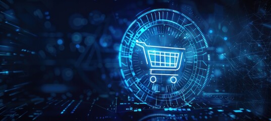 A glowing shopping cart icon in a digital ring surrounded by a network of blue lines