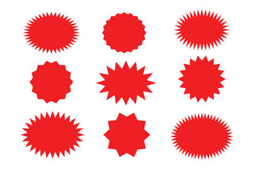 red Starburst sticker set - collection of special offer sale round and oval sunburst labels and buttons. Stickers and badges with star edges for promo advertising.