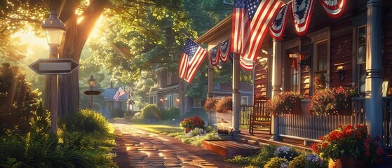 A decorated porch with American flags, bunting, and a welcome sign, with a family standing together and smiling, ready to celebrate Independence Day