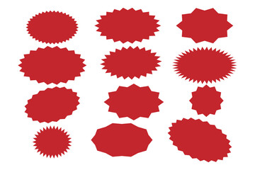 Starburst red sticker set - collection of special offer sale oval and round shaped sunburst labels and badges. Promo stickers with star edges. Vector.