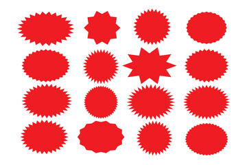 Starburst sale price stickers and labels, star and rosette, sunburst, callout and splash, stamp and tag badges. Isolated vector circle and oval red stickers, promo labels and tags with scalloped edges