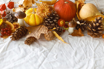 Autumn flat lay. Pumpkins, fall leaves and flowers, berries and pine cones on linen cloth on table. Fall harvest, space for text. Thanksgiving background template