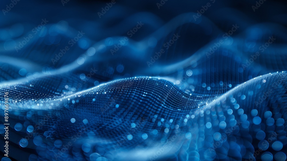Poster the illustration depicts a blue wave symbolizing data representation through a futuristic mesh netwo