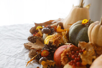 Happy Thanksgiving. Pumpkins, fall leaves and flowers, berries and pine cones on linen cloth, space for text. Autumn banner. Fall harvest background