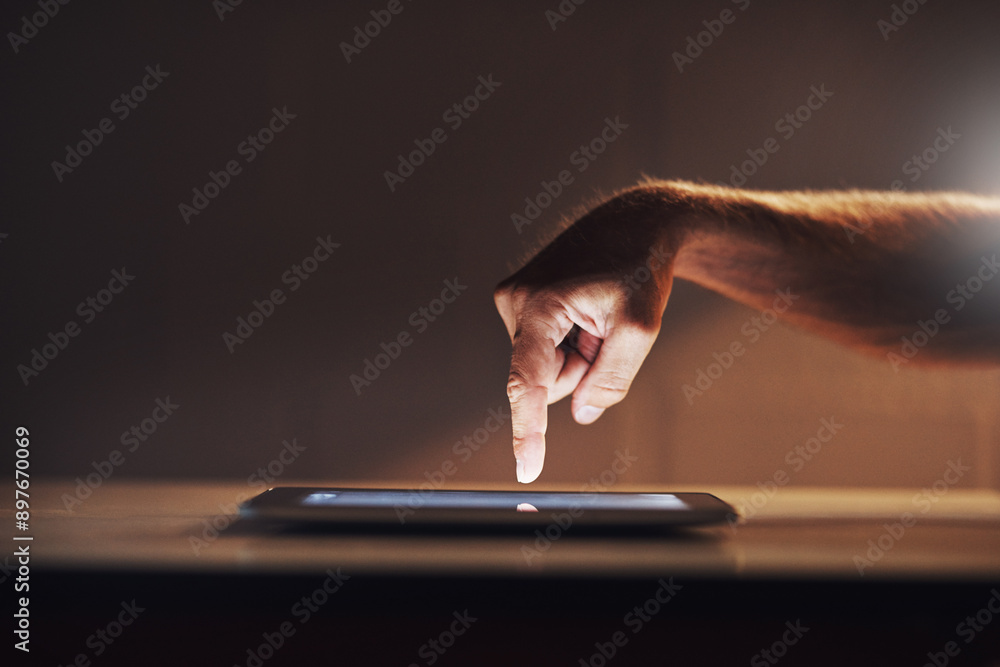 Fototapete person, tablet and hand press on screen for online project, wireframe development and seo stats in o