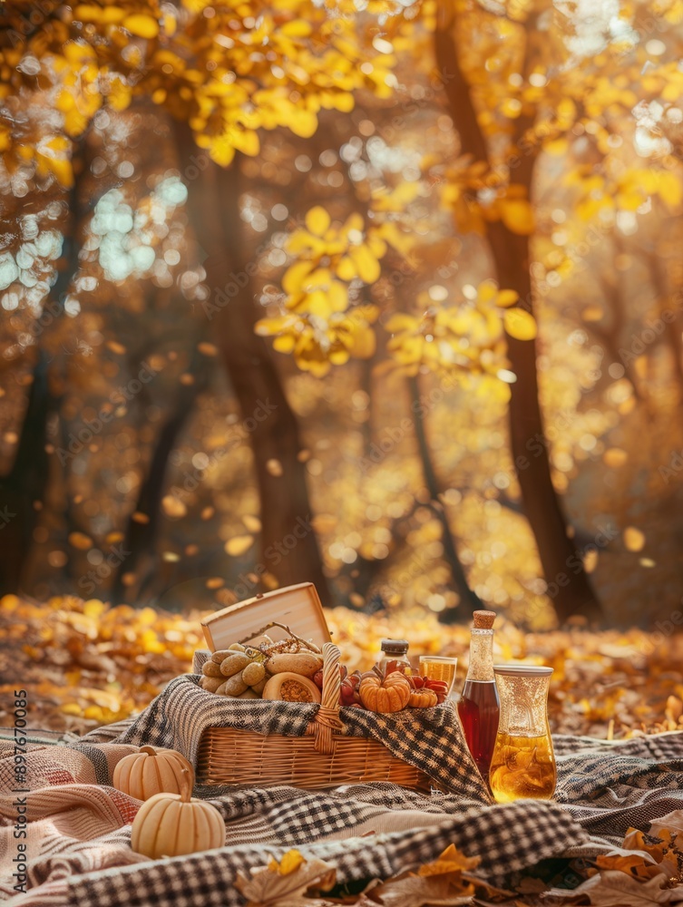 Poster an autumn picnic set against a backdrop of golden trees with a blanket, basket of food and drinks. g