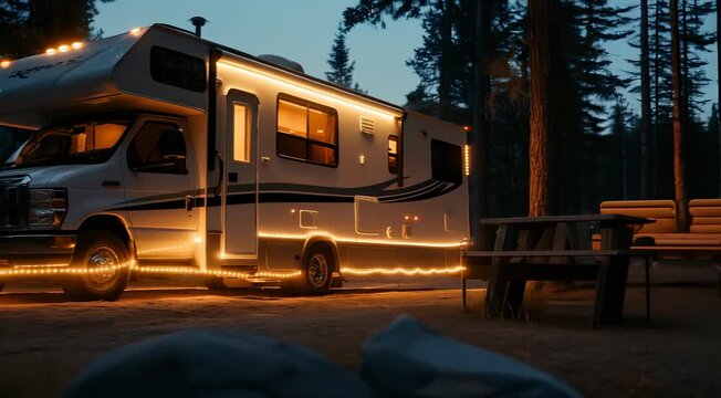 An illuminated motorhome parked in a forest setting during the evening with LED lights outlining its structure.